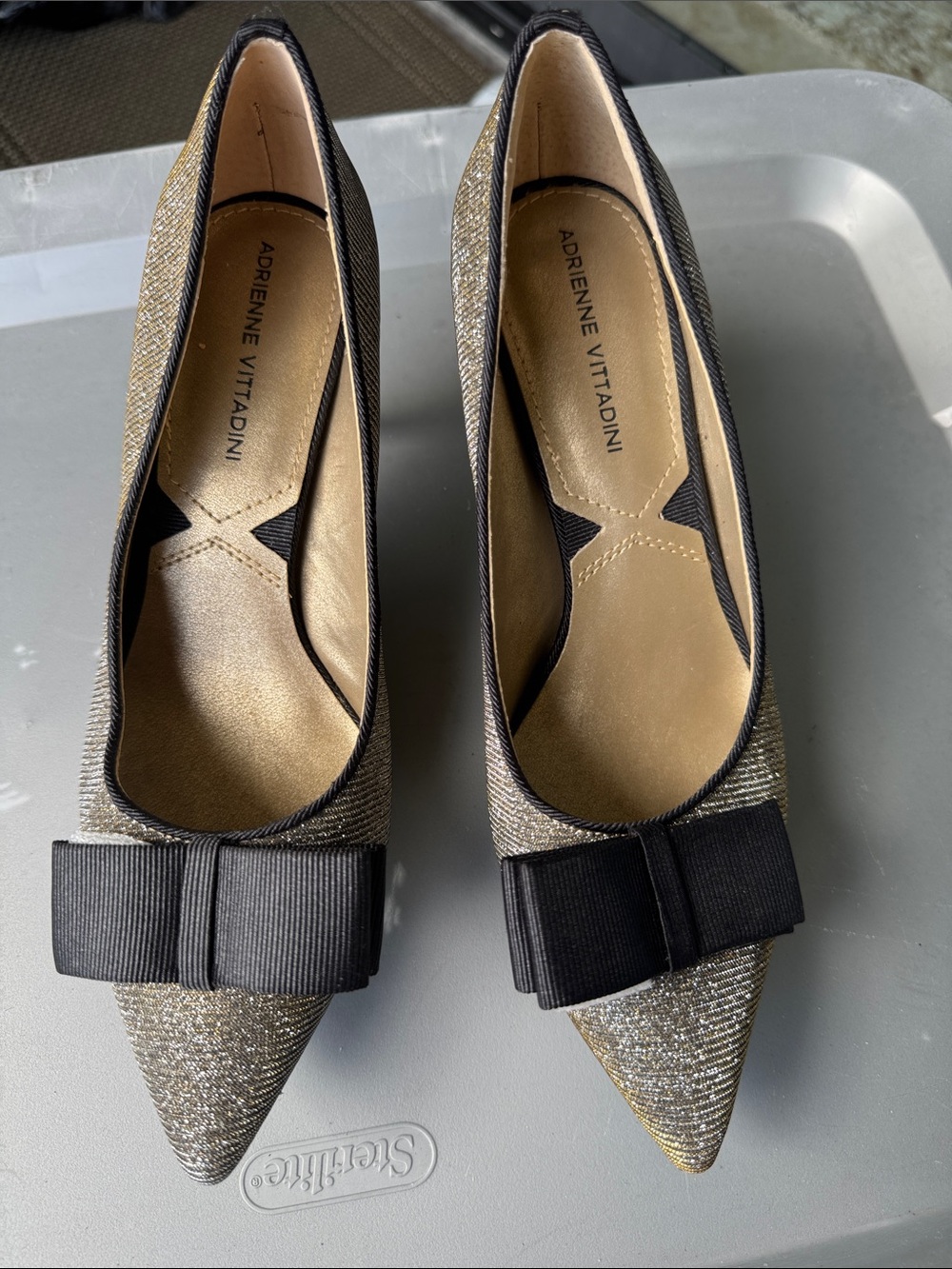 Adrienne Vittadini Metallic Gold Pointed Flats with Black Bow